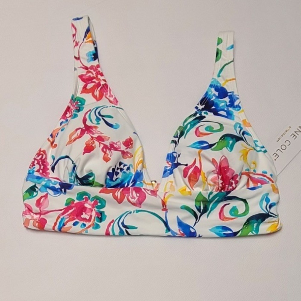 Anne Cole Women's Floral Triangle Bikini Top White Multicolor Medium NWT